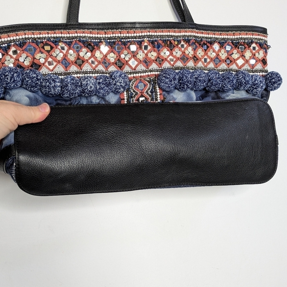 Rebecca Minkoff Dreamy Tote Blue Tie Dye Pom & Bead Cotton & Leather Bag - Picture 5 of 12
